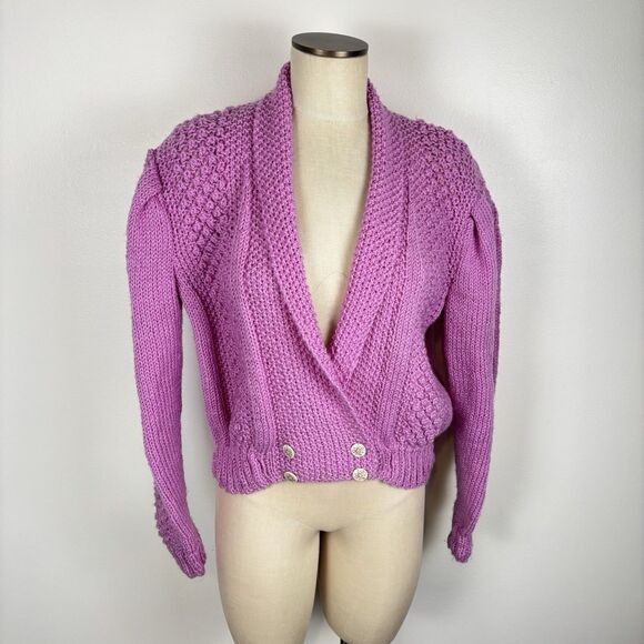 Vintage Sweaters - VTG 80s Hand Knit Double Breasted Shawl Collar Pink Cardigan Sweater